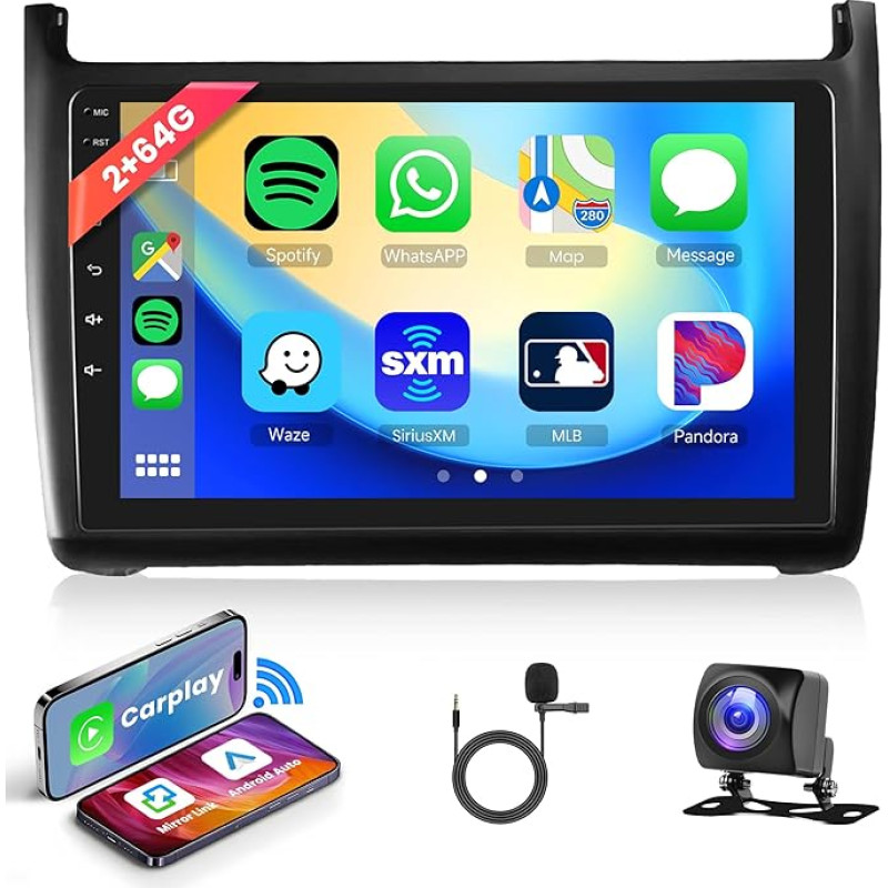 2G + 64G Android Car Radio 2 DIN for VW Polo 6R 6C 9N 2008-2016 with Wireless Carplay Android Car Navigation GPS WiFi 9 Inch Car Radio with Mirror Link Bluetooth FM/RDS/DAB/OBD Steering Wheel Control