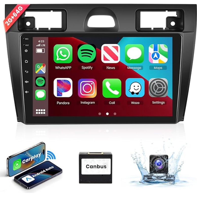 2+64G 9 Inch Car Radio 2 DIN for Ford Fiesta Mk5 2006-2011 Wireless Carplay Android Car with Touchscreen HiFi Bluetooth RDS/FM Radio + AHD Rear View Camera + CANBUS