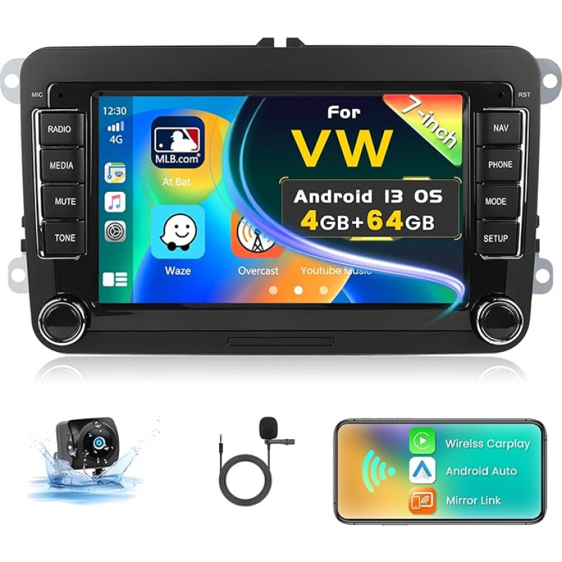 Inefala 4G + 64G Car Radio Android 13.7 Inch Touchscreen Radio for VW Polo Golf Caddy Tiguan Touran Passat Seat with Wireless CarPlay and Android Car, WiFi, BT, RDS, FM, SWC, Mic, Rear View Camera