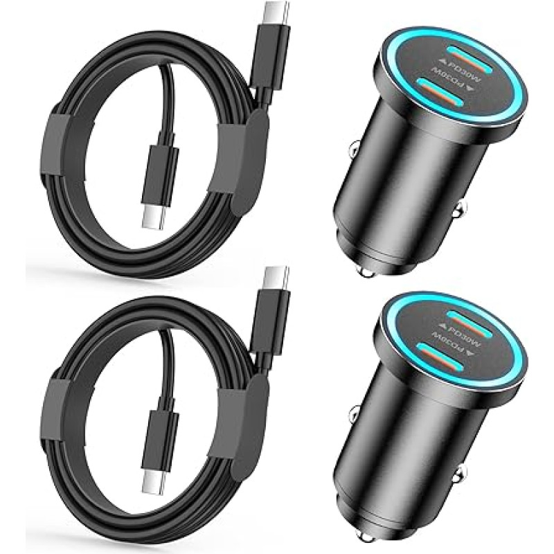 Fast Charger for iPhone 15 [MFI Certified], 2 Pack, Ultra Compact Metal Dual 60W Car Charger USB C Adapter with 2 x USB C Cable for iPhone 15/15 Pro/15 Pro Max, Galaxy S23 S22 S21 S20