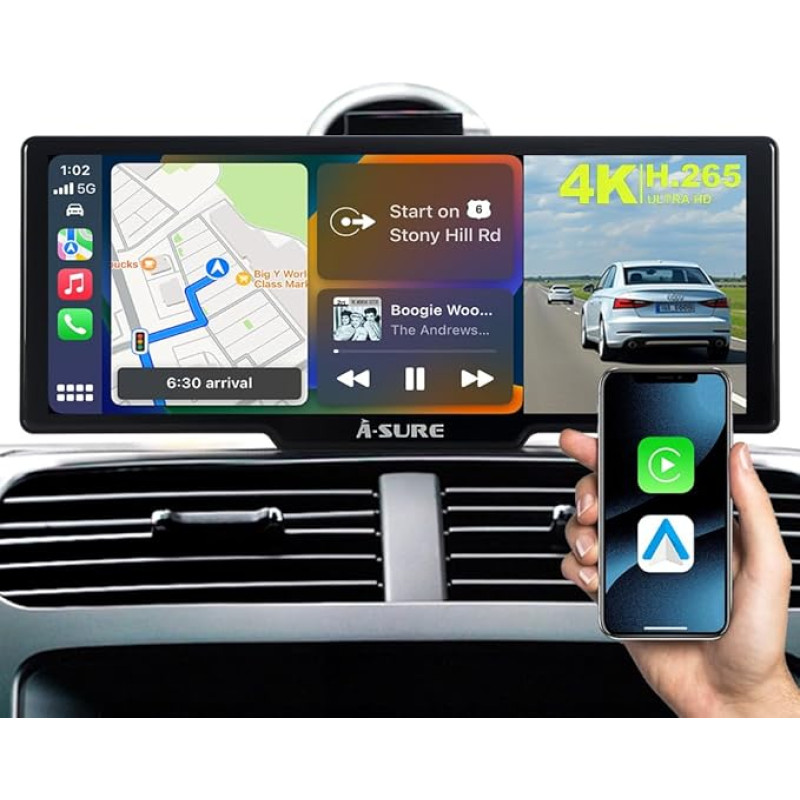 10.26 Inch CarPlay Screen with Wireless Carplay Android Car 4K Dash Cam Front 1080P Reversing Camera Touchscreen Portable Car Radio Bluetooth WiFi Mirror Link 64GB TF Card