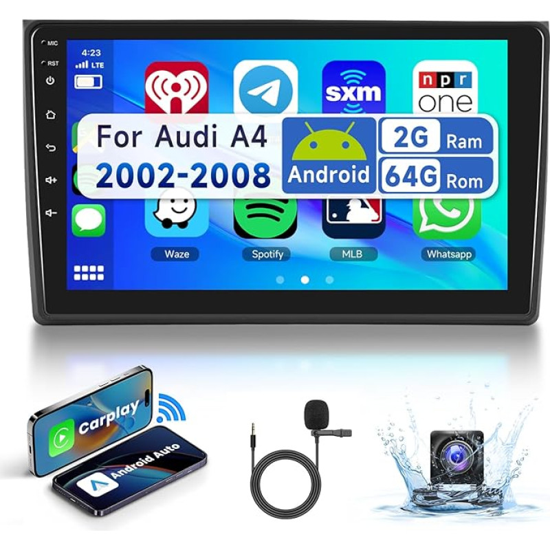 2+64G podofo 9 Inch Car Radio for Audi A4 B6/B7/8e/8h 2000-2008 Wireless Carplay Android Car, Car Radio 2 DIN with Screen HiFi Bluetooth RDS/FM Radio + AHD Reversing Camera + CANBUS