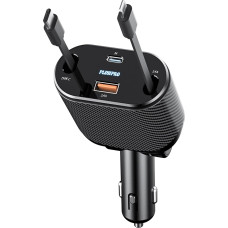 PLDHPRO Retractable Car Charger, 100W Fast Charging USB C Car Charger with Retractable and Type-C Cable (80cm) and Dual Charging Port for iPhone 15/14/13/12 Pro Max XR, iPad, Samsung,