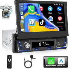 Podofo Car Radio 1 DIN with Wireless Apple Carplay and Android Car, with Retractable Flip Out Screen, 7 Inch Car Stereo Radio MP5 for Car with AM FM Bluetooth 5.1 + Reversing Camera & Microphone