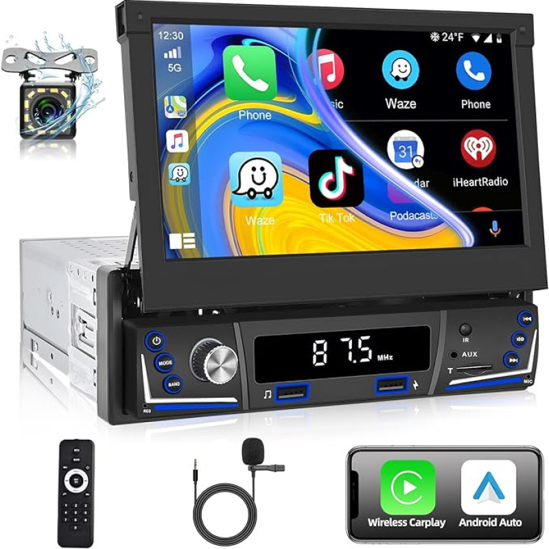 Podofo Car Radio 1 DIN with Wireless Apple Carplay and Android Car, with Retractable Flip Out Screen, 7 Inch Car Stereo Radio MP5 for Car with AM FM Bluetooth 5.1 + Reversing Camera & Microphone