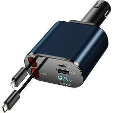 COCIVIVRE Roll-up Car Charger, 4-in-1 USB C Fast Car Charger 60 W, Retractable Cable (2.6 ft) and 2 USB Ports Car Charger Adapter, Compatible with iPhone 15/14/13/12/Pro Max/Plus/Pro.