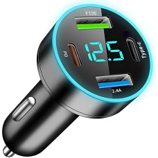 Fast Cigarette Lighter Charger 4 Ports 53W 2 USB-C (PD & Type-C) + 2 USB (QC 3.0 & 2.4A) - LED Display Voltmeter for iPhone, Samsung, Android, Tablet