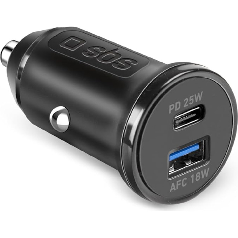 SBS 25 Watt Car Charger, Charger for iPhone, Samsung, Xiaomi, Oppo Mobile Phones, USB-C Charger for Mobile Phones and Tablets, USB-A 18 Watt Fast Charging Output