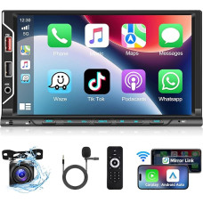 Podofo Double DIN Car Radio with Wireless Apple Carplay Android Car, 7 Inch Touchscreen Car Radio 2 DIN with Bluetooth, EQ, USB, RDS/FM/AUX, SWC + AHD Reversing Camera and Mic