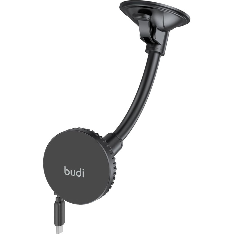 Budi Universal Magnetic Wireless Car Charger & Mount - Windshield + Vent + Retractable 1M Cable