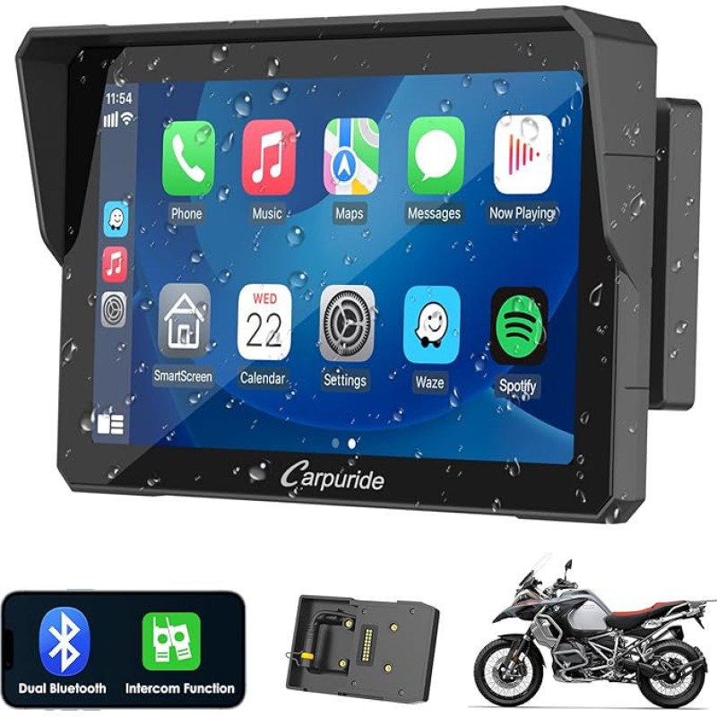 Carpuride W702B Pro Motorcycle Carplay Screen with Mount for BMW Motorcycles, Wireless CarPlay & Android Car, 7 Inch Waterproof Touch Screen, Dual Bluetooth, Intercom Function, Navigation