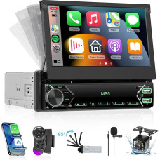 Hodozzy Autoradio 1 Din mit Wireless CarPlay Android Auto,7 Zoll Ausklappbarer Touchscreen Bluetooth mit SWC Mirror Link FM Radio USB-C EQ Farbe Hintergrundbeleuchtung Einstellung + Rückfahrkamera