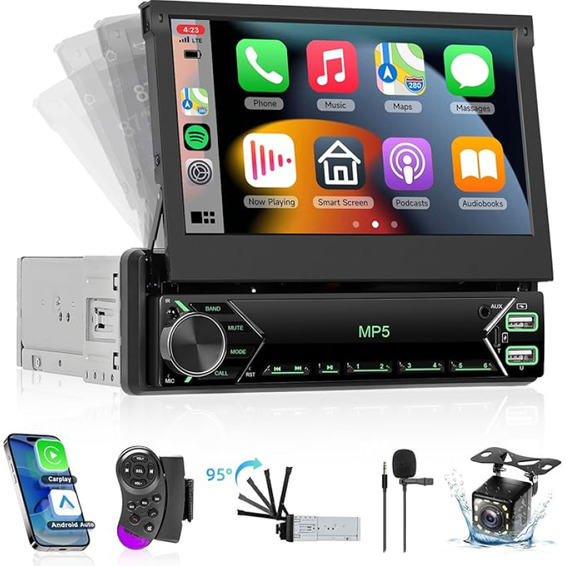 Hodozzy Autoradio 1 Din mit Wireless CarPlay Android Auto,7 Zoll Ausklappbarer Touchscreen Bluetooth mit SWC Mirror Link FM Radio USB-C EQ Farbe Hintergrundbeleuchtung Einstellung + Rückfahrkamera