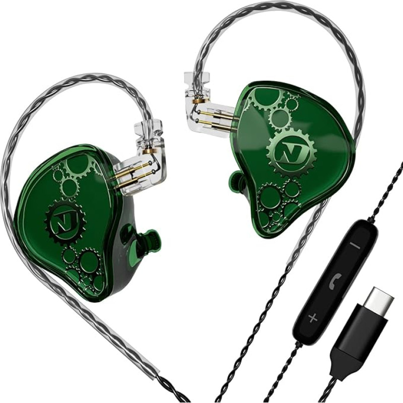 ND Venus In-Ear Monitor Earphones 10mm Double Magnetic Dynamic Driver IEM Headphones HiFi Gaming Earbuds 2 Pin Detachable Cable (with Microphone, Green, USB-C Port)