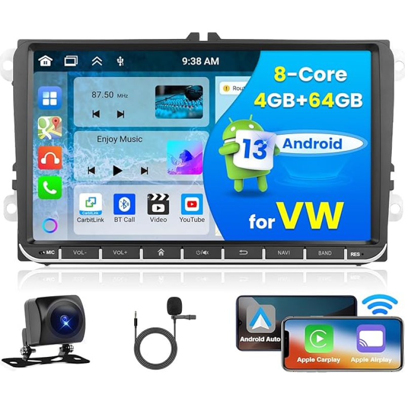 [4+64G] Android Car Radio with Sat Nav for VW Golf 5 6 Polo Skoda Passat Wireless Carplay Android Car Radio with 9 Inch Touch Display Bluetooth Car Radio with WiFi FM/RDS Microphone + Reversing Camera