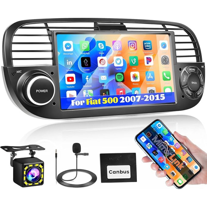 Inefala 1+32GB Android Autoradio für FIAT 500 2007-2015, 7 Zoll Touchscreen Bluetooth Post mit Mirror Link, WiFi, GPS, RDS FM, Lenkradsteuerung, Rückfahrkamera