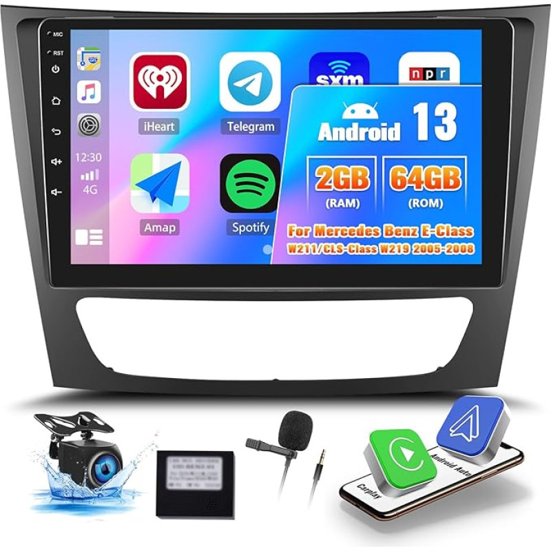 OiLiehu 2G + 64G Android 13 Car Radio 2DIN Carplay Android Car for Mercedes Benz W211 E-Class CLS-Class W219 2005-2008 Car Radio with Screen 9 Inch with EQ/Bluetooth/FM RDS/WiFi/GPS/Rear View Camera