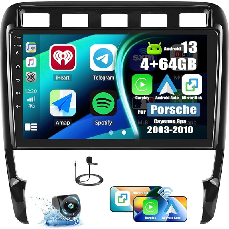 4+64G Android 13 Car Radio for Porsche Cayenne 2003-2010 with Carplay Android Car, 9 Inch Touchscreen Radio with Intelligent Voice Bluetooth WiFi GPS FM / RDS 36EQ Network Radio SWC + Reversing Camera