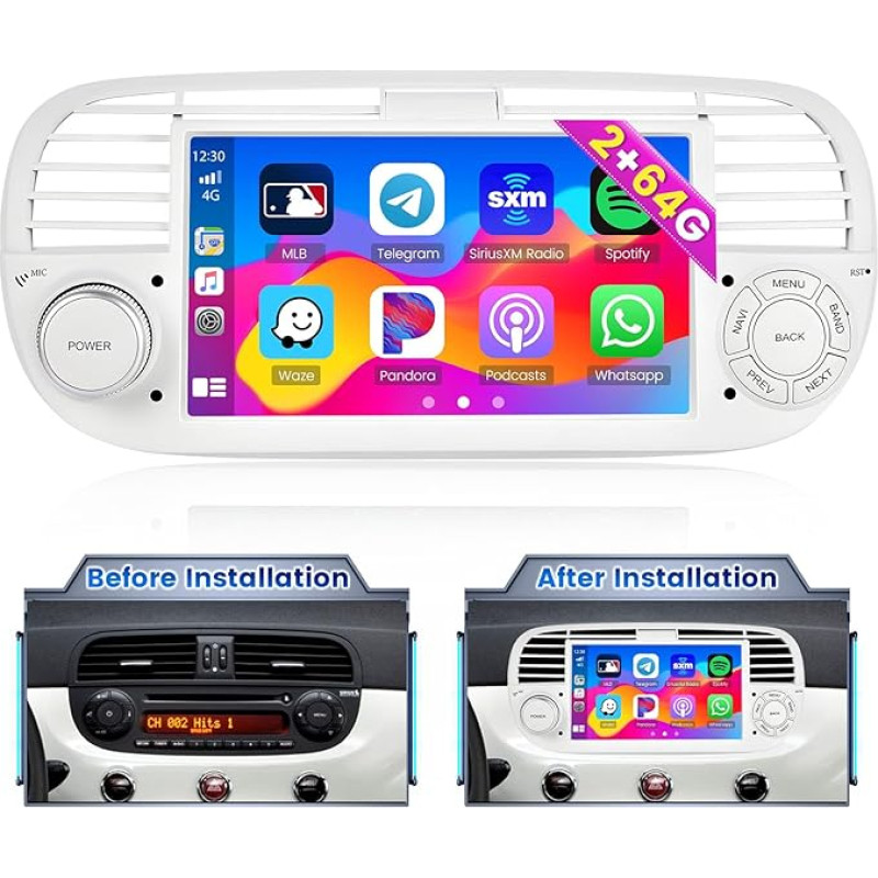 2 + 64 GB Hikity Android 13 Radio for Fiat 500 2007 2008 2009 2010 2011 2012 2013 2014 2015 Android Car Radio with Wireless CarPlay Android Car, 7 Inch Car Radio with Sat Nav WiFi HiFi RDS Rear View