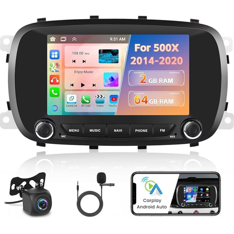 Inefala Android 13 2GB/64GB Car Radio GPS Navigation for Fiat 500X 2014-2020 Radio Wireless Carplay Android Car, 7 Inch Touchscreen, GPS Navigation, WiFi, BT, USB, FM RDS, EQ, MIC, Rear View Camera