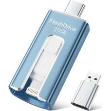 SUDEHO USB atmintinė 512 GB iPhone, MFi-Zertifizierter USB-C & Lightning Speicherstick, 3-in-1 Memory Stick für iPhone/iPad/Android/PC, USB 3.0 Fotostick Schnelle Foto & Videoübertragung, Blau