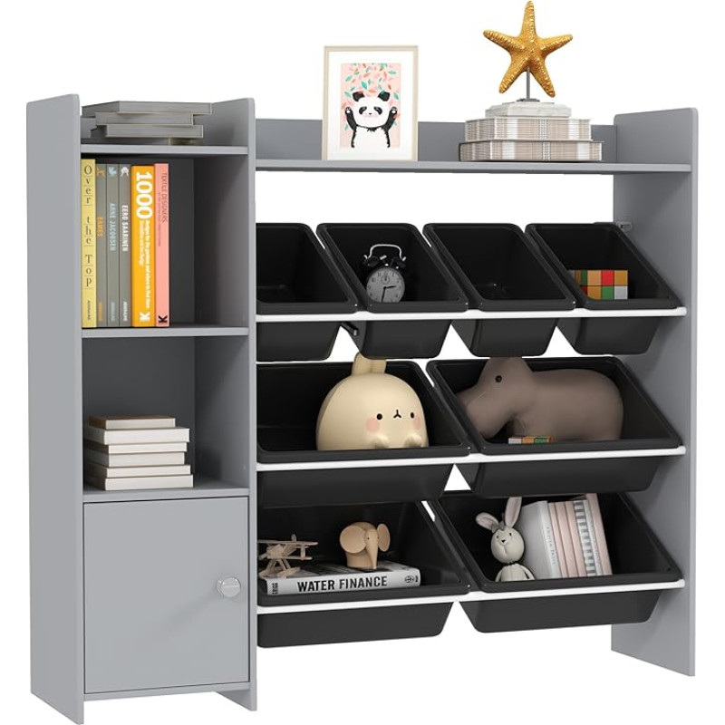 AIYAPLAY Toy Storage Unit, with 8 Removable Containers, Storage Shelves, Closet, Toy Organiser, for Playroom, Nursery, Kids Room, Grey