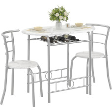 VECELO 3-teiliges Esstisch-Set für Küche, Frühstücksecke, ovale Tischplatte aus Kunstmarmor, Metallgestell mit integriertem Weinregal, für kleine Räume, Weiß & Silber