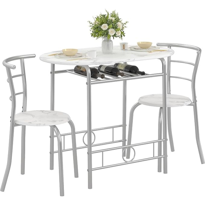 VECELO 3-teiliges Esstisch-Set für Küche, Frühstücksecke, ovale Tischplatte aus Kunstmarmor, Metallgestell mit integriertem Weinregal, für kleine Räume, Weiß & Silber