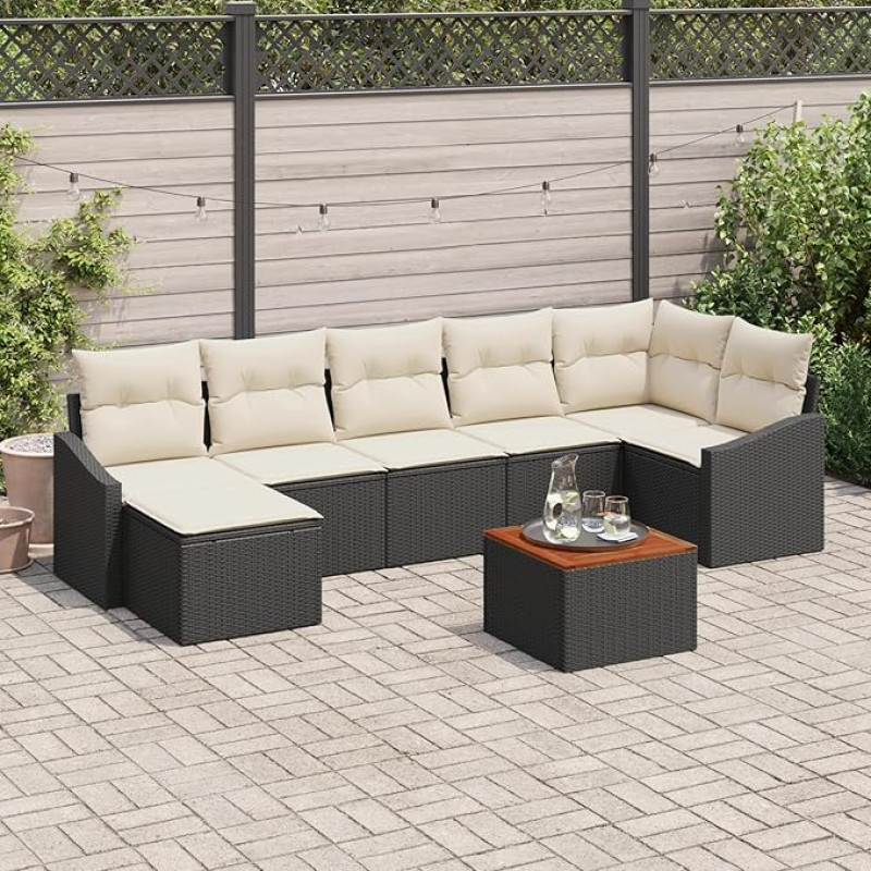 Rantry 8-teilige Garten Sofa Set mit Kissen Schwarz Poly Rattan Akazie Gartenlounge Model3347859