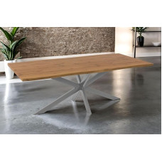 SAM Josy Dining Table, 220 x 100 cm, Wild Oak Look, Spider Frame, Metal Silver, 40 mm Table Top with Tree Edge, Table for Dining Room and Kitchen
