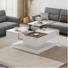Merax Coffee Table with Height-Adjustable Top, Living Room Table in High Gloss White, Sofa Table Coffee Table with Drawers, Expandable Storage Space, 4 Compartments, Square Side Tables for Living Room