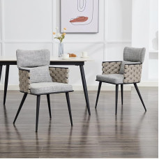 AISALL Valgomojo kėdės, 2 komplektas, virtuvės kėdės, minkštos kėdės su austais dirželiais ir porankiais, svetainės kėdės valgomajam, virtuvei, didžiausia apkrova 136 kg, metalinės kojos, smėlio spalvos