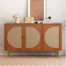 BTM komoda su 3 rotango dekoruotomis durelėmis ir metalinėmis rankenomis miegamajam, svetainei ir biurui Riešutmedžio 129,8 x 40 x 76 cm