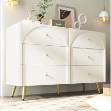Becag Chest of Drawers Sideboard White Kitchen Cabinet H85/B120/T40 with 6 Drawers Storage Space, Buffet Cabinet Drawer Chest of Drawers White for Bedroom Living Room Kitchen White
