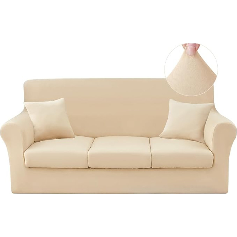 JQinHome 6-teiliger Stretch-Sofabezug, Couchbezug, Sofa-Schonbezug mit 3 separaten Kissenbezügen, waschbarer Möbelschutz für Wohnzimmer (Sofa, Beige)