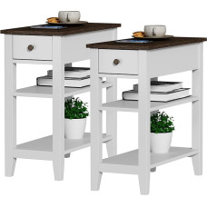 ChooChoo Beistelltisch Wohnzimmer 2er Set, schmaler Beistelltisch mit Schublade und Ablage, 3stöckiger Sofa-Beistelltisch für kleinen Raum, Bauernhaus, Weiß
