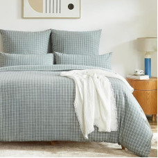 SOULFUL Bed Linen 135 x 200 cm Cotton 4-Piece 100% Washed Cotton Grey and Blue Grid Bedding Sets Oeko-Tex Certified Includes 2 Duvet Covers 135 x 200 cm and 2 Pillowcases 80 x 80 cm