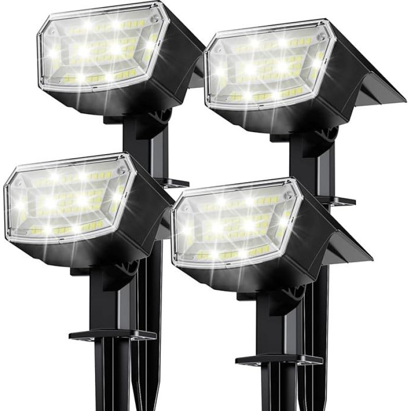 TECKNET saulės šviesos žibintai sodui, 59 LED saulės prožektoriai lauke, 6500 K šaltai balta, 3 ryškumo lygiai, IP65 vandeniui atsparūs sodo žibintai, saulės šviesos sodui, takams ir privažiavimui - 4 vnt.