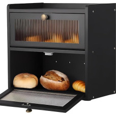 Yeqqzq Double Layer Large Bread Box for Kitchen Counter, Wooden Corner Bread Storage Container with Acrylic Window, Black
