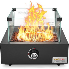 Onlyfire Table Gas Fire Pit, Square Outdoor Fire Table with Glass Wind Protection, Lava Stone and Rear Air Inlet, Multifunctional Table Fire for Heating, BBQ Grill and Ambient Lighting