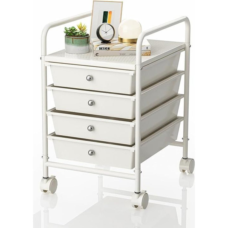 Riedantis krepšelis su 4 stalčiais, 2 užrakinamais ratukais, daugiafunkcinis krepšelis Mobilus krepšelis Mažas stalčių krepšelis Amatų krepšelis, skirtas maketavimui, popieriui, vaikų darželių biurui, mokyklai, stalčių organizatoriui