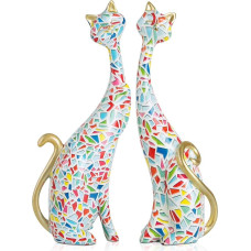 masteymoh Oil Painting Cat Statutes Home Decor Set of 2, Cat Sculptures and Figures 24.6 cm Resin Art Sculptures, Cat Couple Statue for Bookshelf & Desktop (Bright Y145)