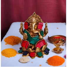 Antikinio stiliaus Purpledipo Ganešos statula (sėdintis ant lotoso žiedo): Sukurta iš žalvario su spalvotais brangakmeniais (10529)