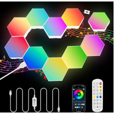 URAQT LED Hexagon Gaming Wall Light, Pack of 10 Hexagon LED Panel RGB Smart LED Hexagon Wall Panel App Control Music Sync Wall Lighting Smart Hexagonal Gamer Room Decoration Modular Lamp