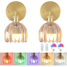 Shenmoyl Vintage Wall Light Indoor Battery Pack of 2 Gold LED Wall Lamp Without Power Connection Touch Control 3 Brightness Levels with Remote Control for Bathroom Bedroom Hallway Living Room