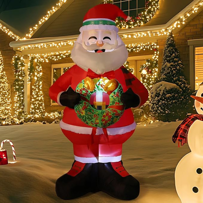 HAUSPROFI Pripučiamas Kalėdų Senelis 240 cm, pripučiama Kalėdų dekoracija Didelės lauko Kalėdų figūros XXL 8 pėdų vidaus ir lauko Kalėdų dekoracija su LED šviesa