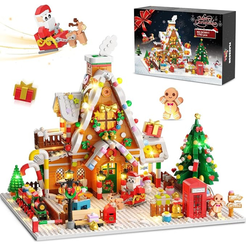 PLAXSOON Kalėdinis meduolių namelio rinkinys su LED šviesa, Kalėdų sodo 3.6 mini statybinių kaladėlių žaislas su Kalėdų seneliu, eglute ir traukiniu, kalėdinė dekoracija suaugusiesiems, mergaitėms ir berniukams