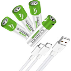 USB AA ličio jonų įkraunamos baterijos, 1,5 V 2600 mWh įkraunamos AA baterijos, 1H greitasis įkrovimas, 1200 ciklų su C tipo įkrovimo kabeliu, apsauga nuo perkrovos, pastovus išėjimas, 4 vnt.