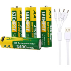 SZEMPTY AA USB įkraunamos baterijos - 4 pakuotės, 3400 mWh (2250 mAh) dvigubos A 1,5 V ličio USB-C Pila įkraunama baterija su 4 in 1 USB-A į USB-C įkrovimo kabeliu, daugiau kaip 1200 ciklų