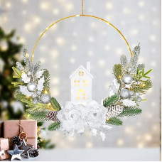 Dremisland LED Decoring Prelit Christmas Wreath with Illuminated House 40 cm Christmas Decoration Winter Wreath for Front Door Splitter Rose Door Crane with Ball Pine Needles Fireplace Coat Decor
